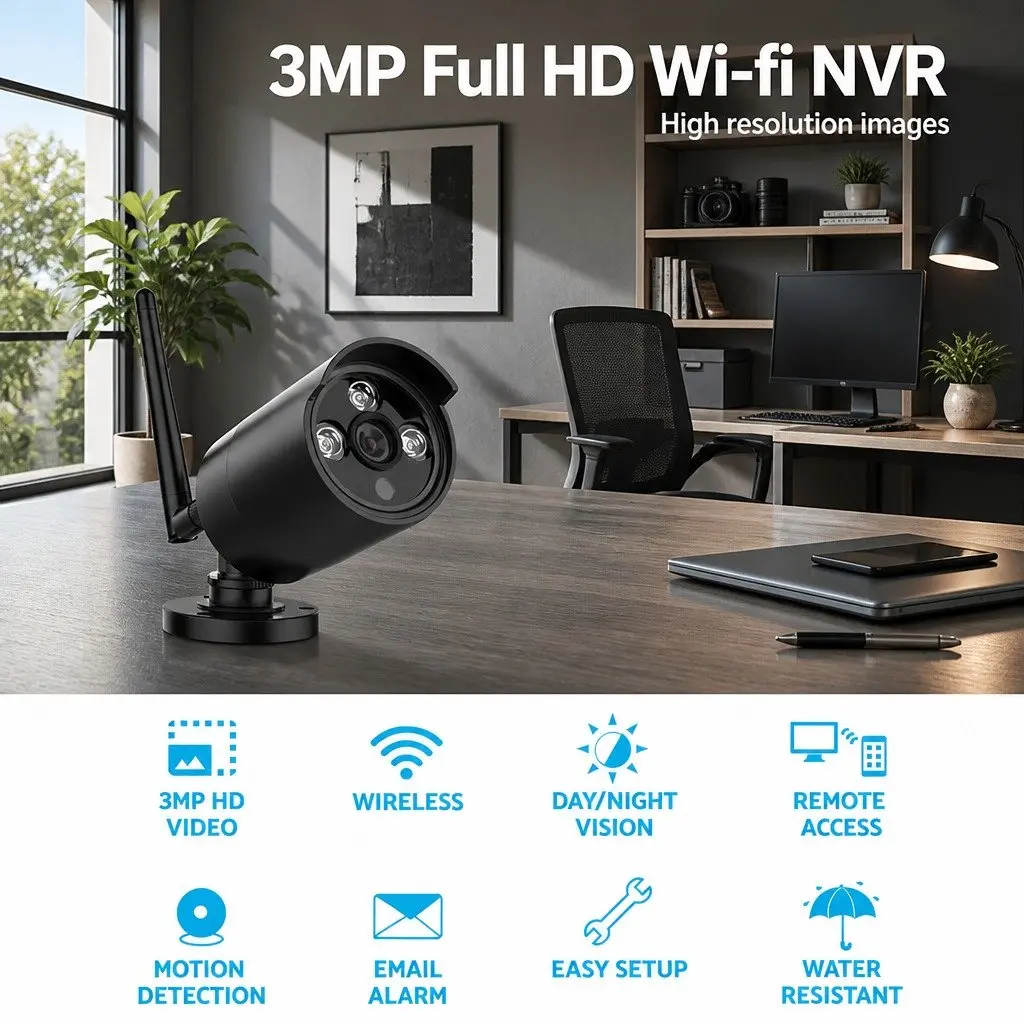 Wireless Bullet Security Camera 3MP Full HD Indoor Outdoor Black