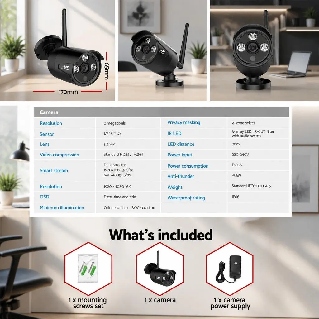 Wireless Bullet Security Camera 3MP Full HD Indoor Outdoor Black