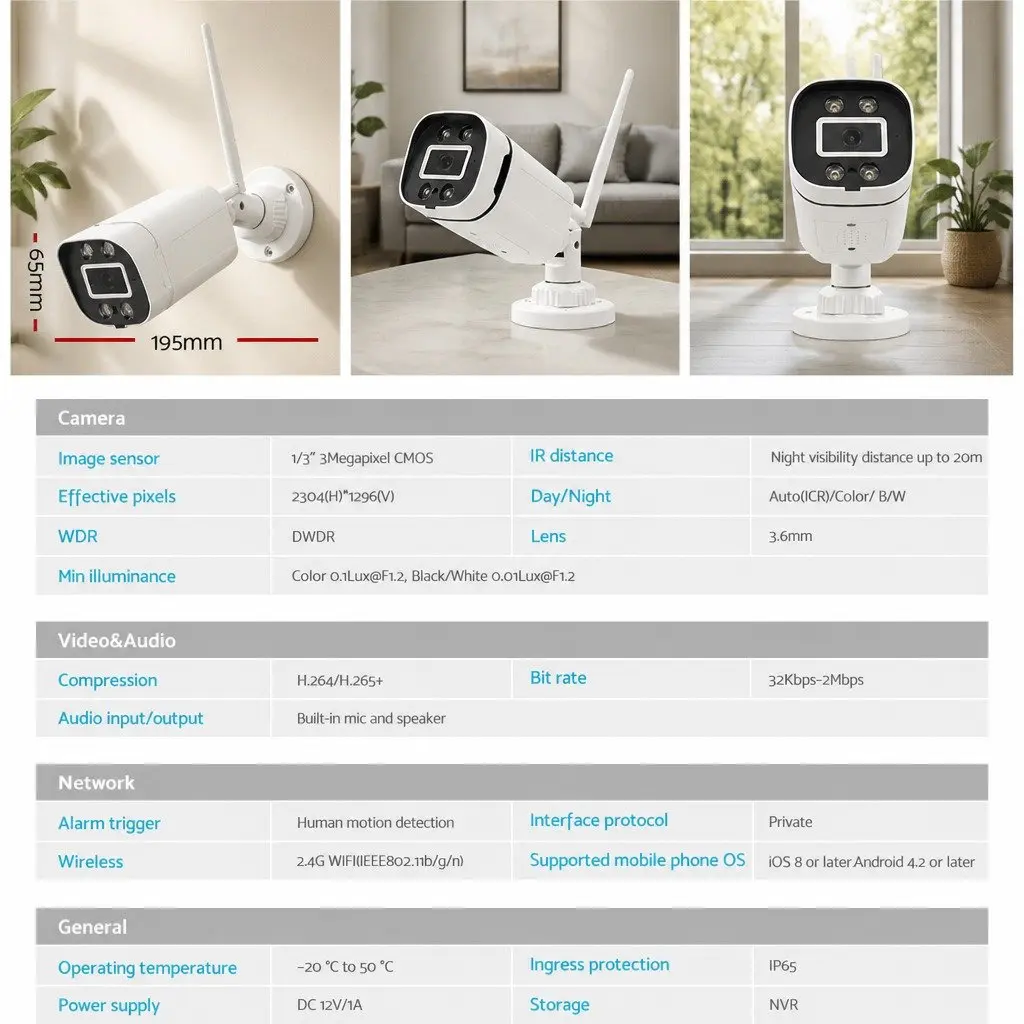 Wireless CCTV Security Camera 3MP Full HD Indoor Outdoor IP65 Waterproof White
