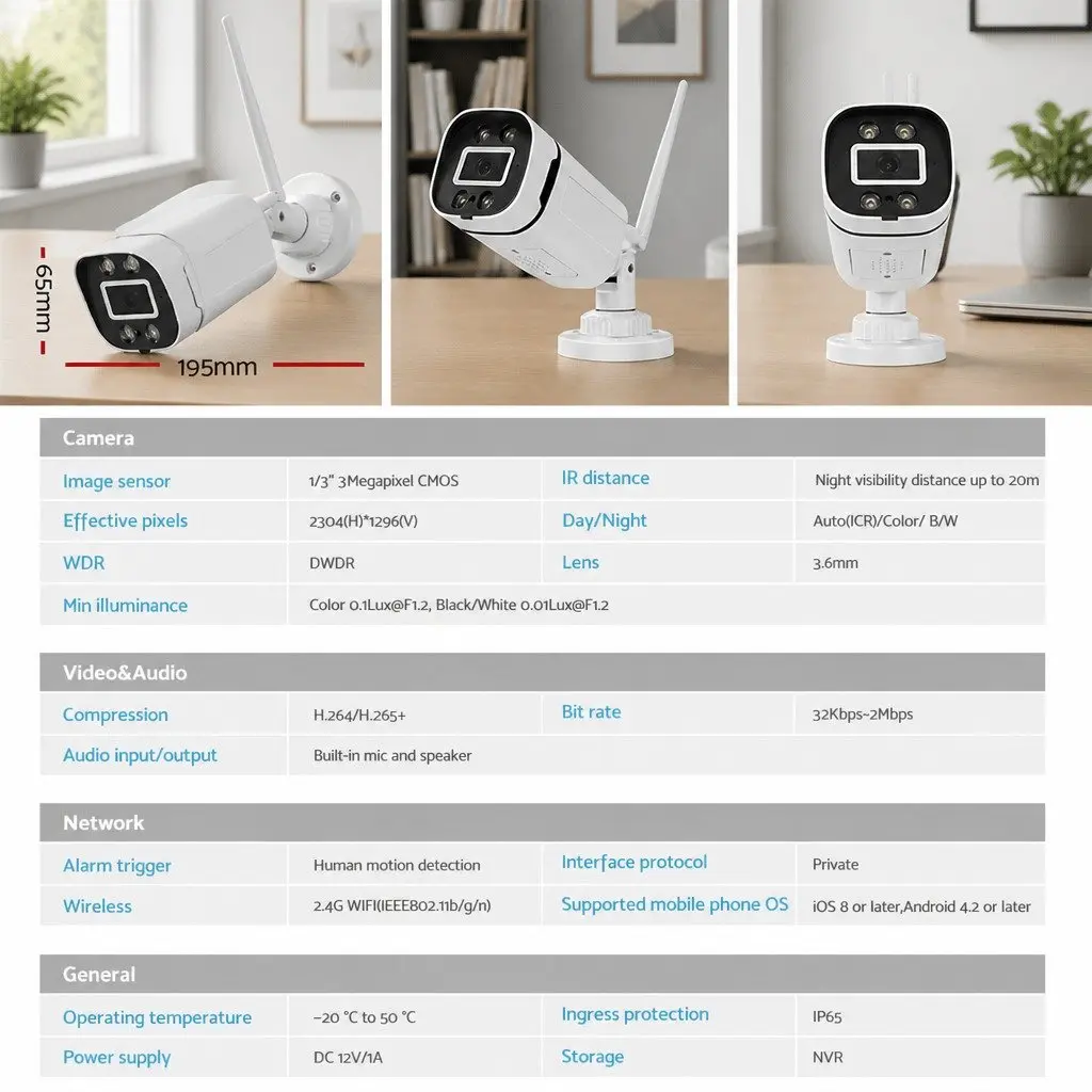 Wireless CCTV Security Camera System 8CH NVR 3MP 4 Cameras WiFi IP65 Outdoor Indoor White