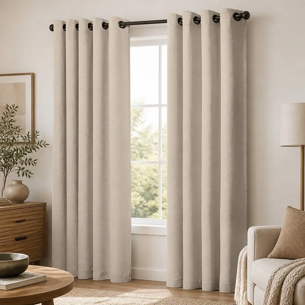 Blockout Curtain Panels Eyelet 3 Layer Noise Insulation Heat Home Decor Beige