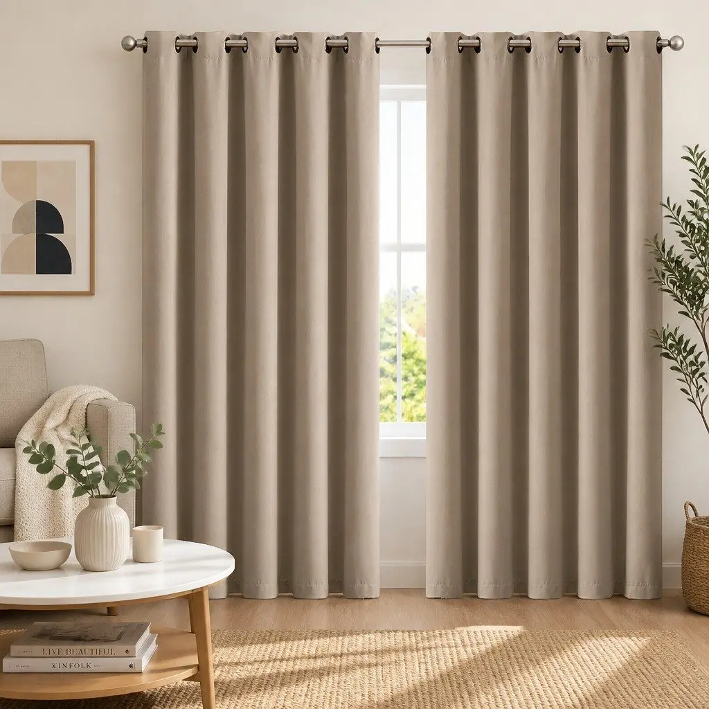 Blockout Curtain Panels Eyelet 3 Layer Noise Insulation Heat Home Decor Beige