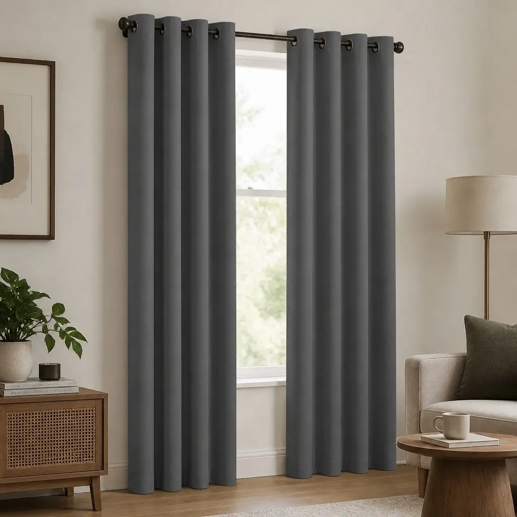 2x Blockout Curtain Panels Eyelet 3 Layer Charcoal Room Darkening Noise