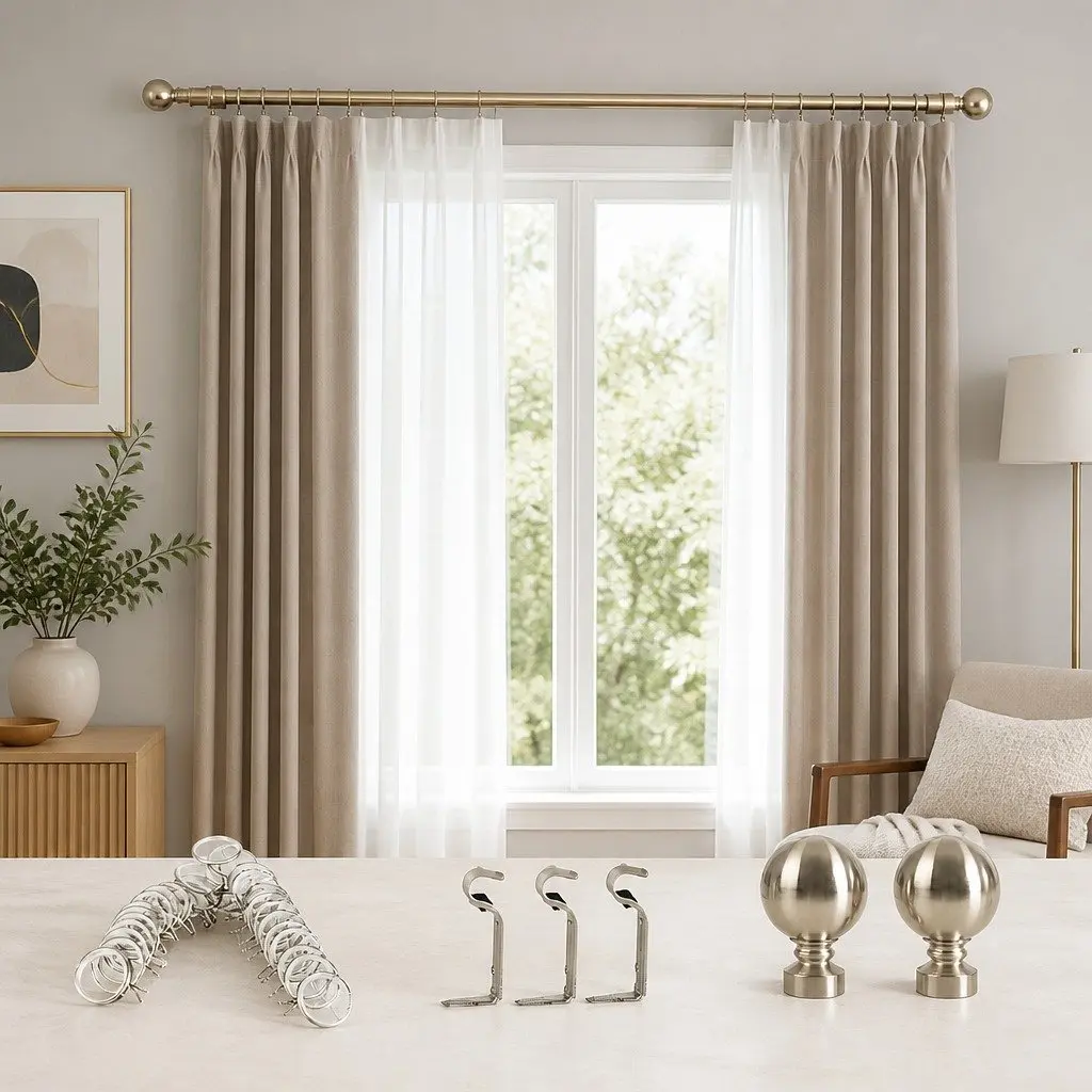 Extendable Curtain Rod Set Adjustable Steel Pole Antique Brass 90cm Home Decor