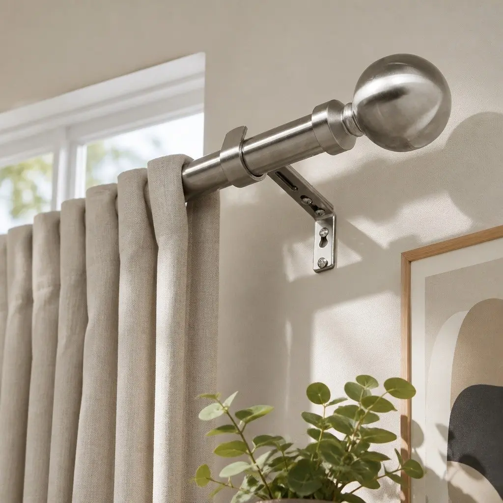 Extendable Steel Curtain Rod Rail with Roman Pommels Quiet Sliders Adjustable