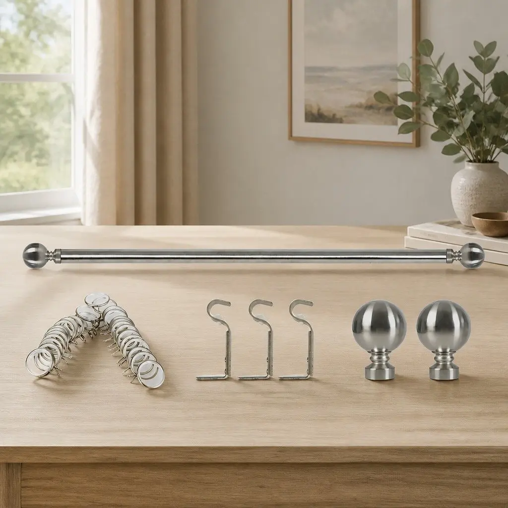 Extendable Steel Curtain Rod Rail with Roman Pommels Quiet Sliders Adjustable