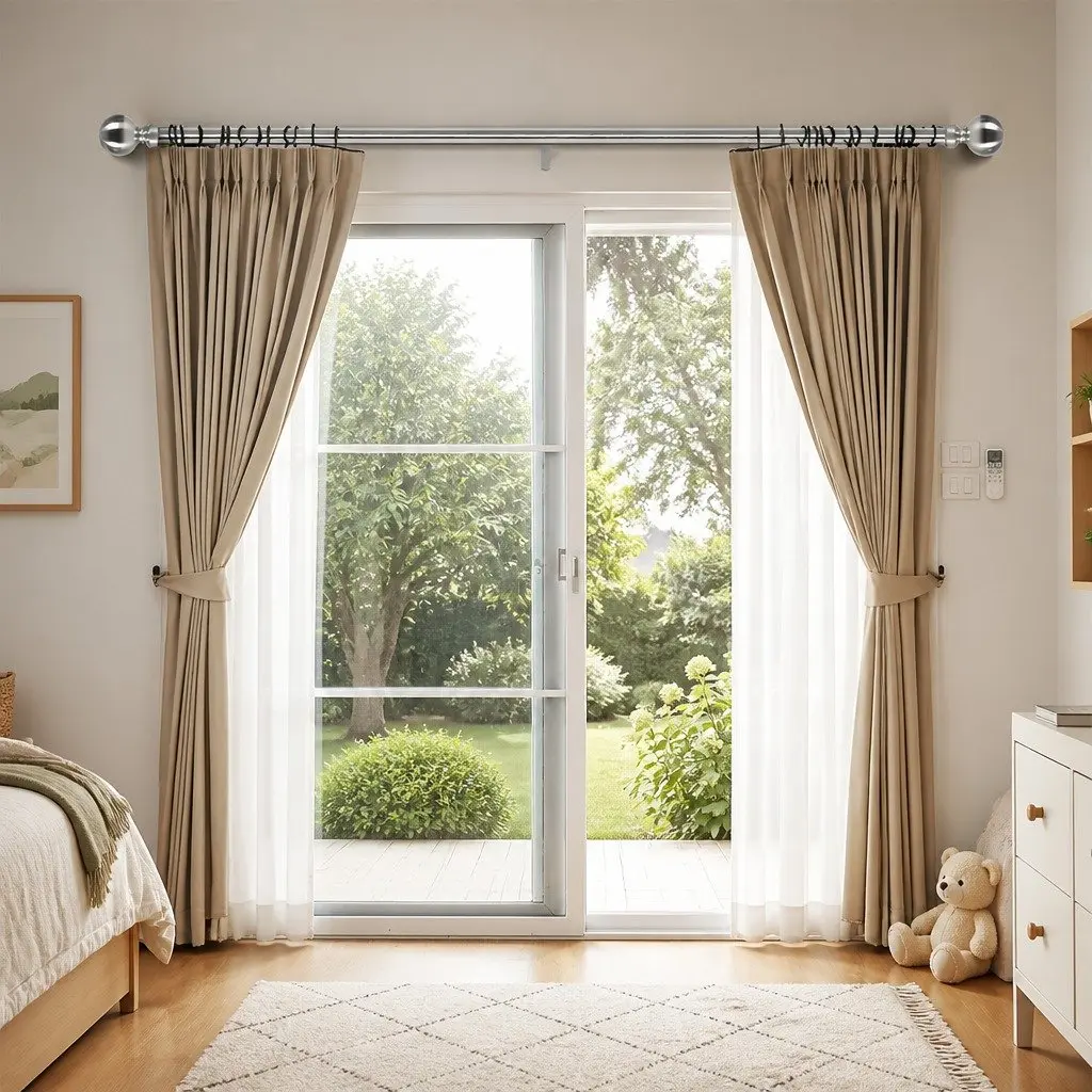 Extendable Steel Curtain Rod Rail with Roman Pommels Quiet Sliders Adjustable