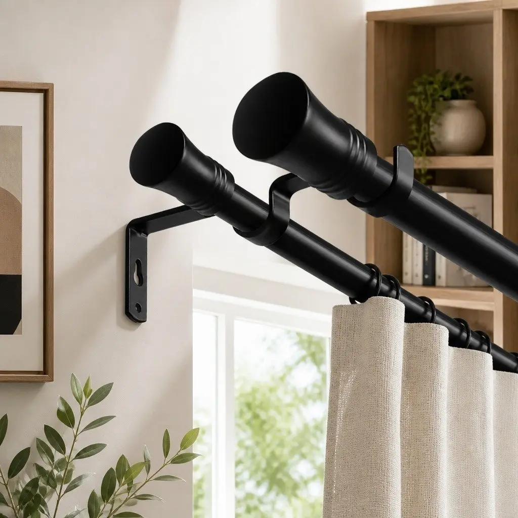 Double Curtain Rod Extendable Steel Pole Black Modern Bell Cap Design Adjustable