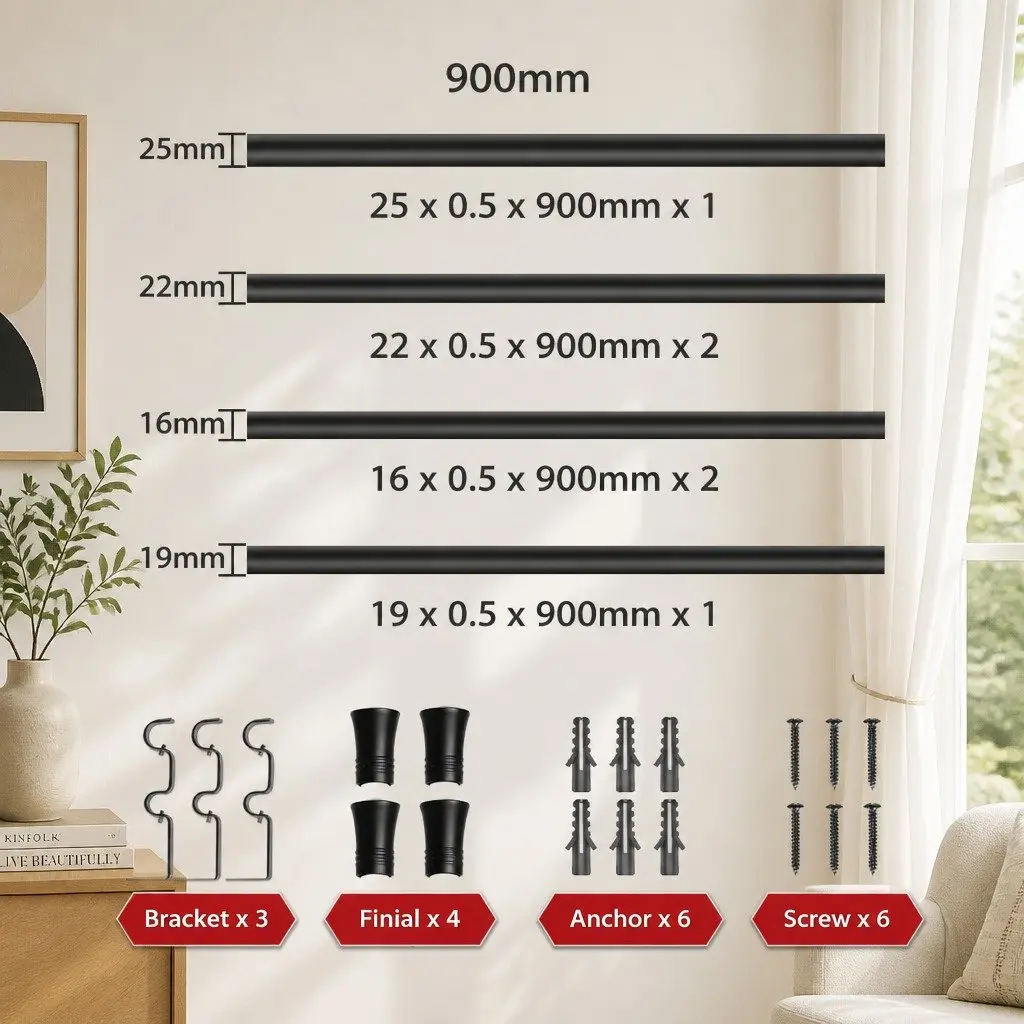 Double Curtain Rod Extendable Steel Pole Black Modern Bell Cap Design Adjustable