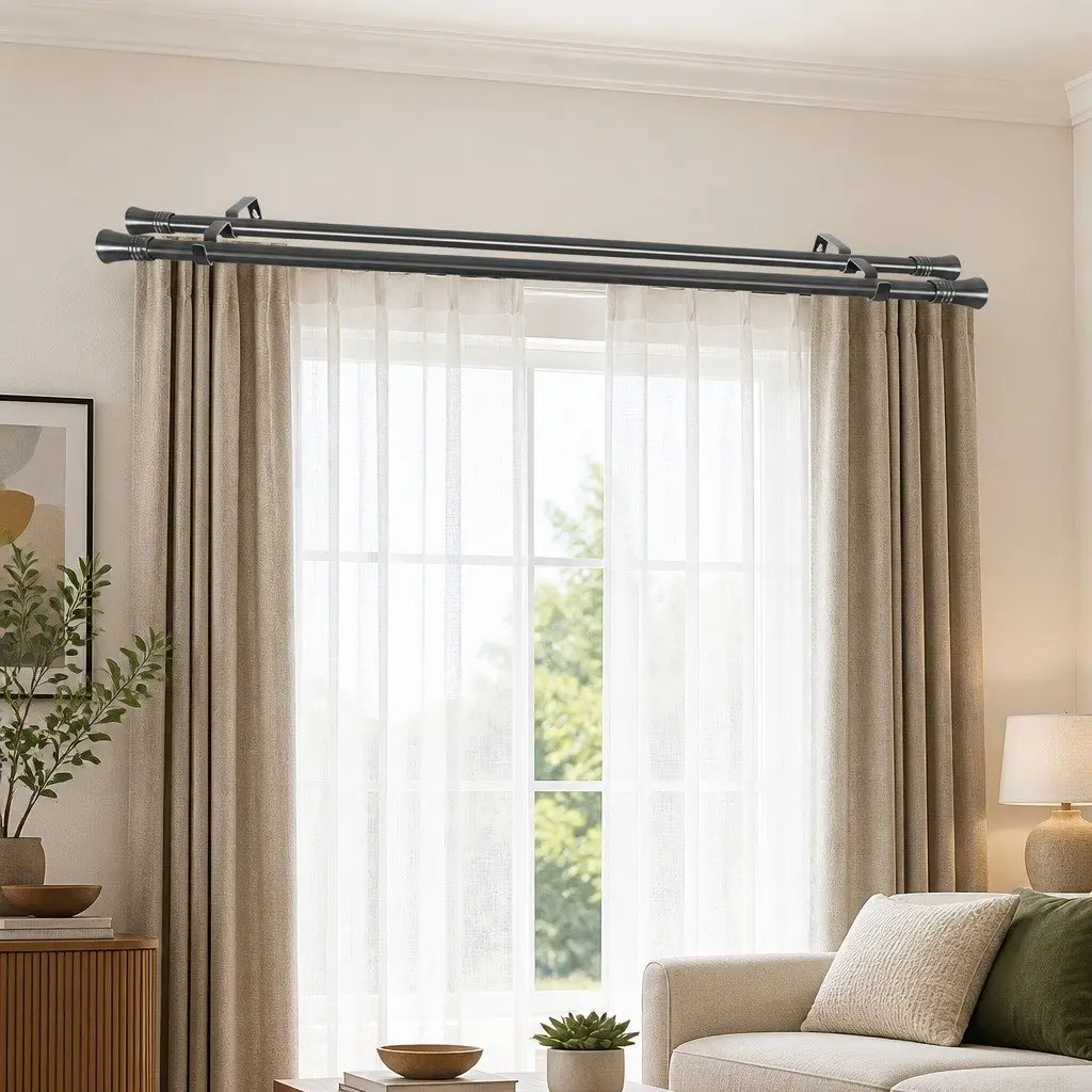 Double Curtain Rod Extendable Steel Pole Set Modern Design Dual Functionality