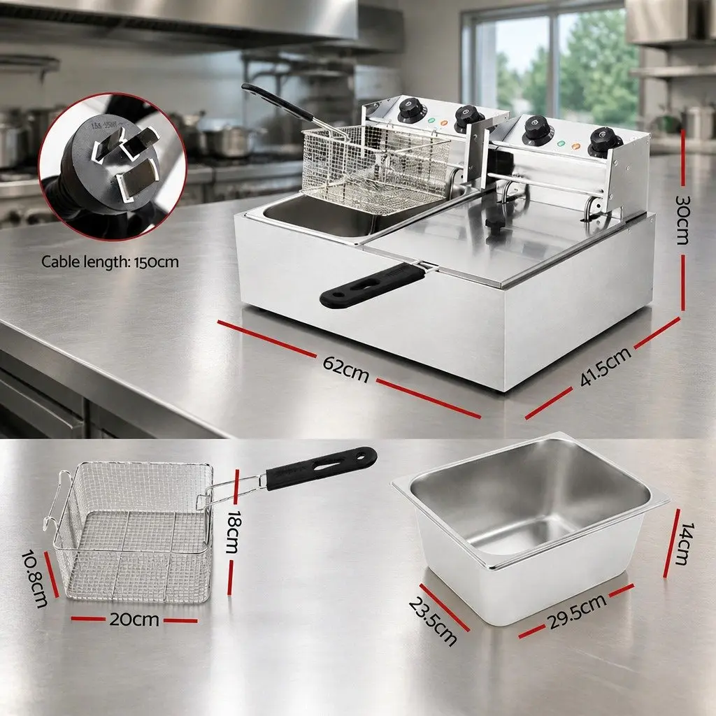 Electric Deep Fryer Double Baskets 20L Stainless Steel Commercial Kitchen Frying