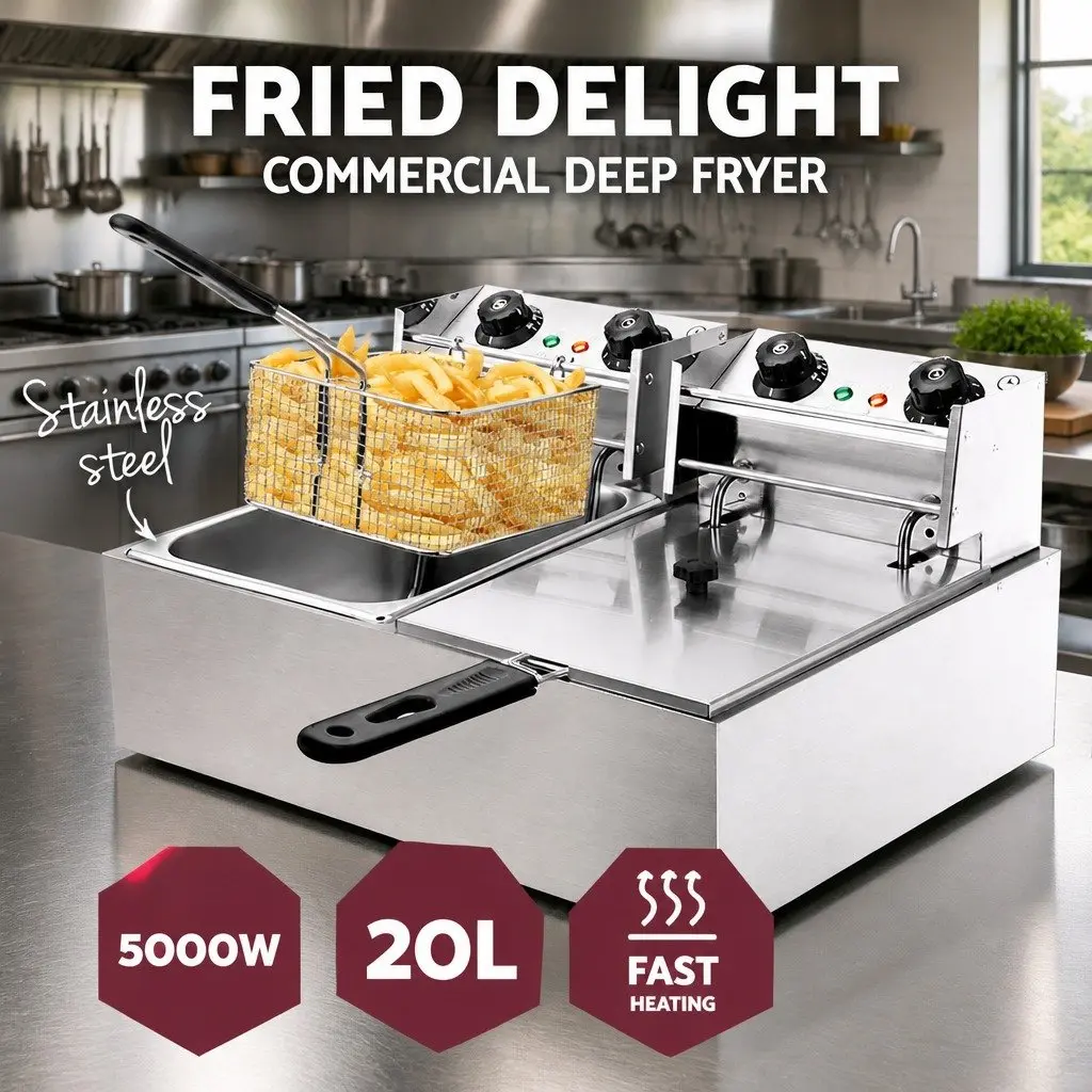 Electric Deep Fryer Double Baskets 20L Stainless Steel Commercial Kitchen Frying