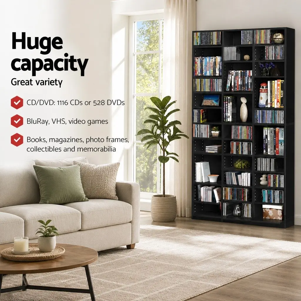CD DVD Bookshelf Storage Rack Adjustable Shelves Black Display Unit