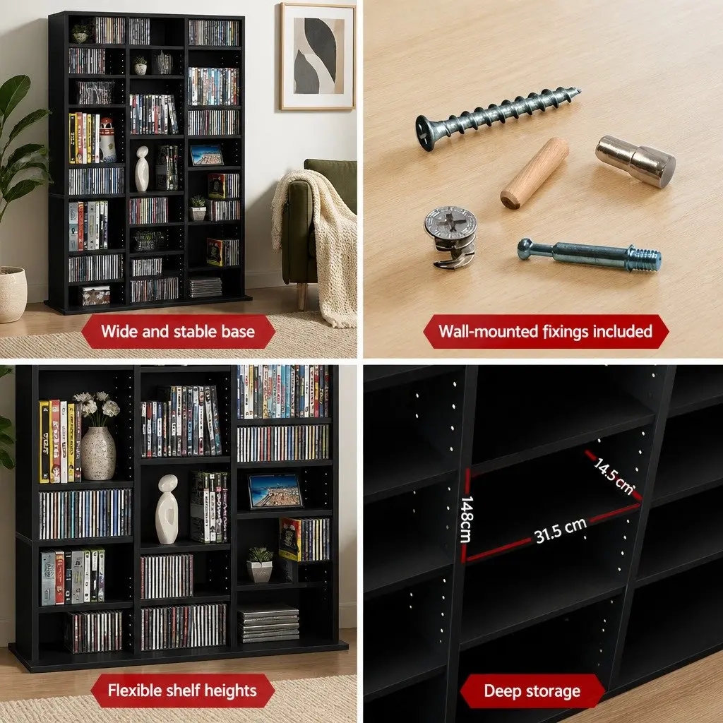 CD DVD Bookshelf Storage Rack Adjustable Shelves Black Display Unit