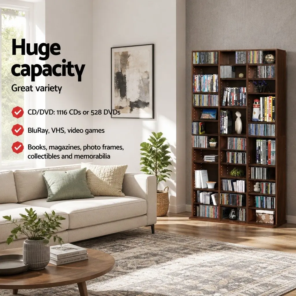 CD DVD Bookshelf Storage Rack Adjustable Shelves Media Organizer Display Unit