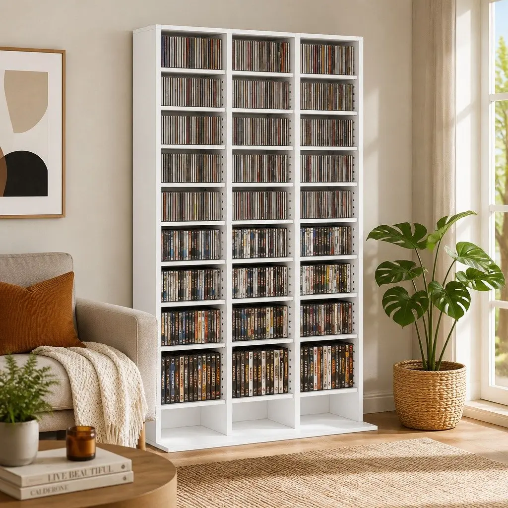 White Storage Rack for Media and Books