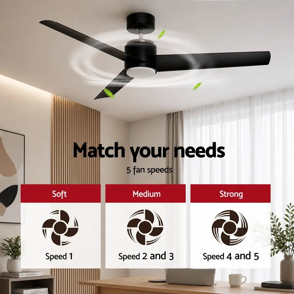 DC Motor Ceiling Fan with Integrated LED Light and Remote Control 52 Inch Black for Indoor and Covered Outdoor Use