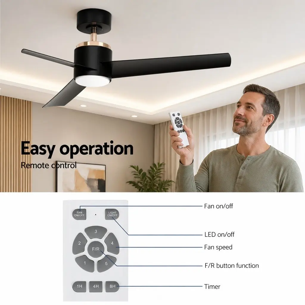 DC Motor Ceiling Fan with Integrated LED Light and Remote Control 52 Inch Black for Indoor and Covered Outdoor Use