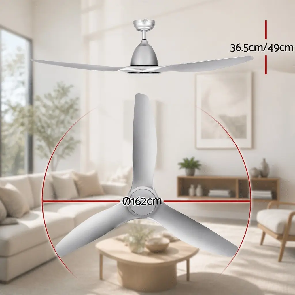 Ceiling Fan DC Motor LED Light Remote Control 64 Inch Silver Indoor