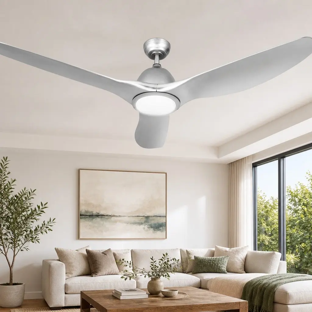 Ceiling Fan DC Motor LED Light Remote Control 64 Inch Silver Indoor