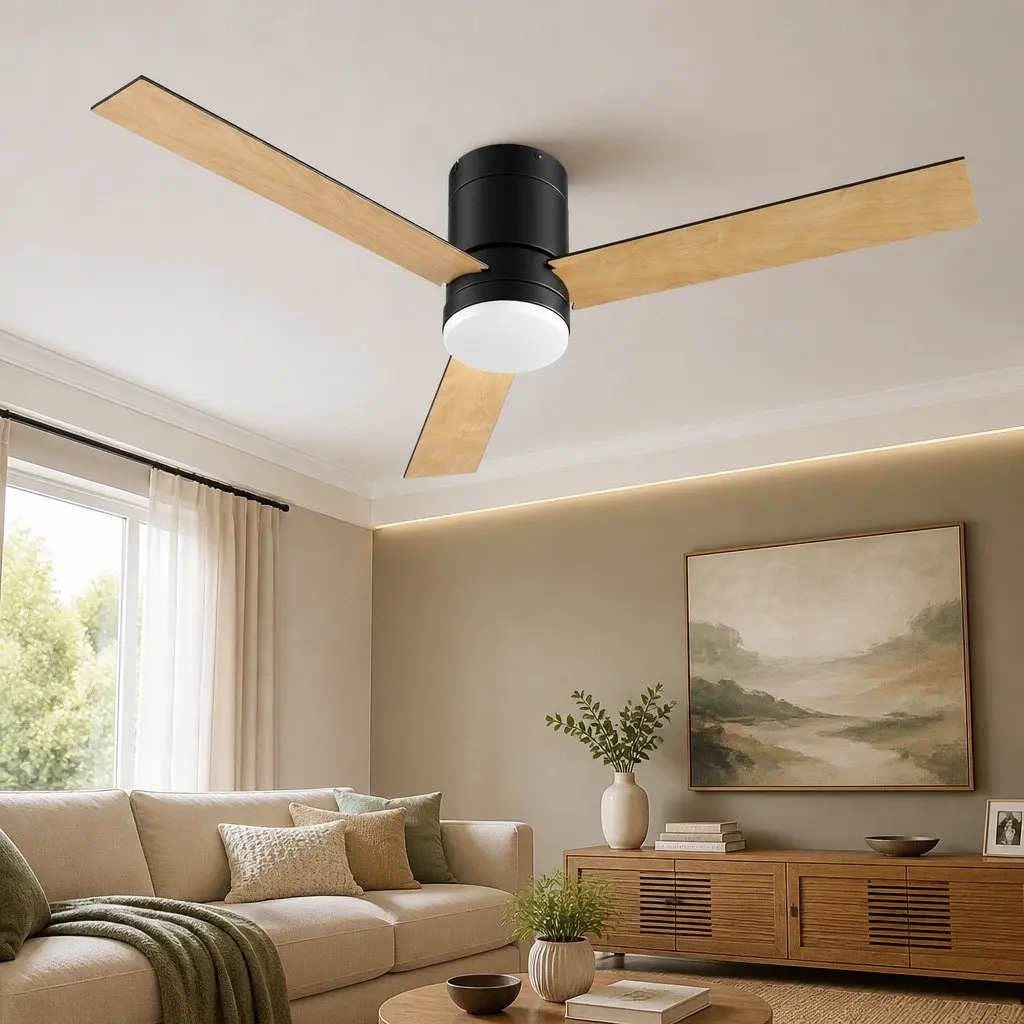 Ceiling Fan 52 Inch DC Motor LED Light Remote Control Reverse Airflow Black or Light Wood