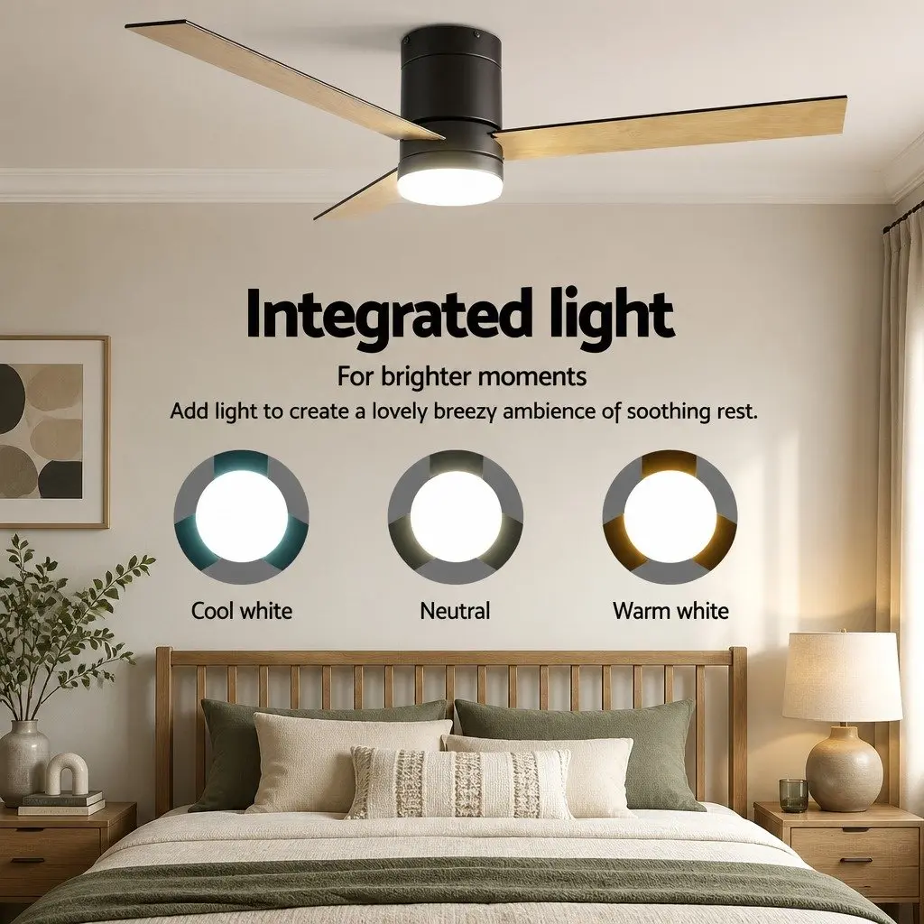 Ceiling Fan 52 Inch DC Motor LED Light Remote Control Reverse Airflow Black or Light Wood