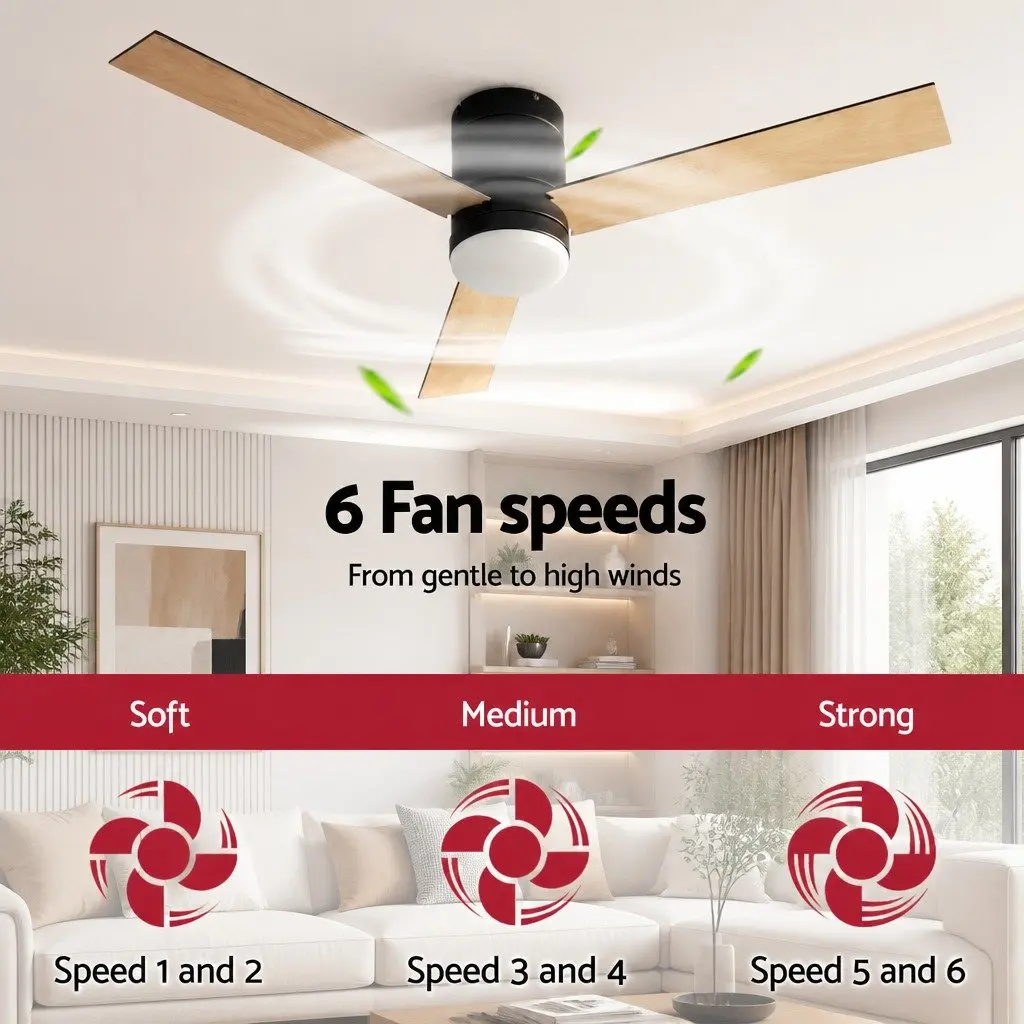 Ceiling Fan 52 Inch DC Motor LED Light Remote Control Reverse Airflow Black or Light Wood