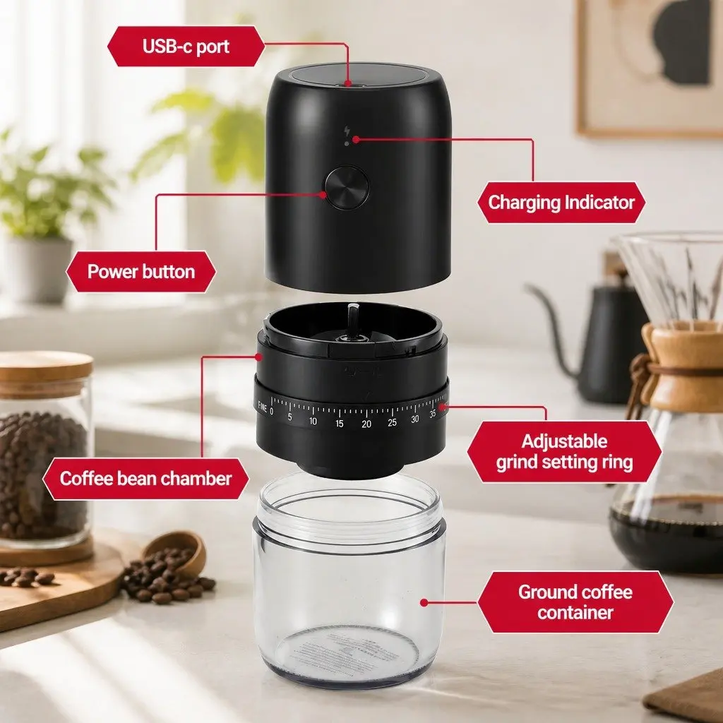 Portable Coffee Grinder USB-C Rechargeable 40 Settings Multi-purpose Black