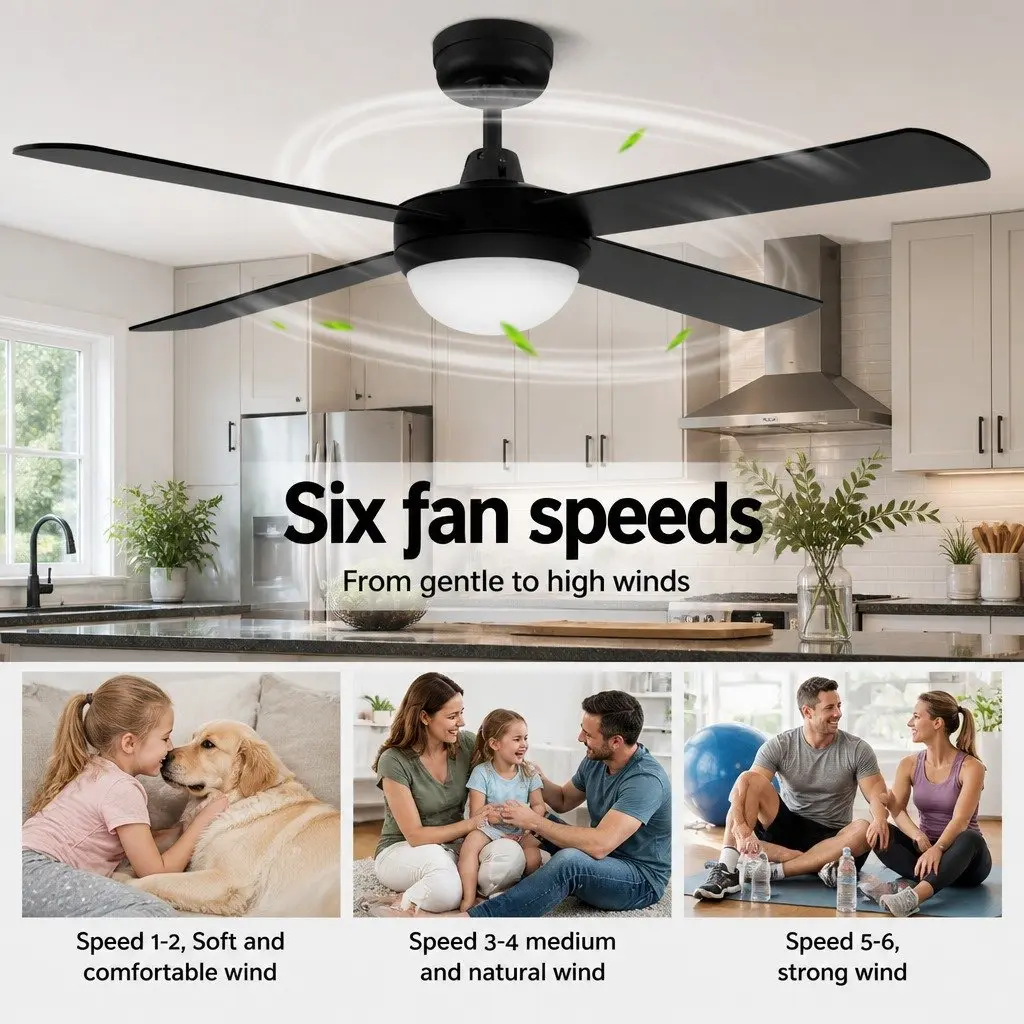 Ceiling Fan 52 Inch DC Motor LED Light Remote Control 6 Speed Reverse Black