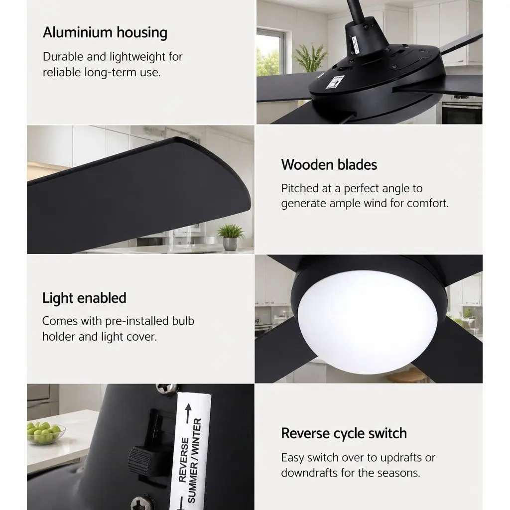 Ceiling Fan 52 Inch DC Motor LED Light Remote Control 6 Speed Reverse Black