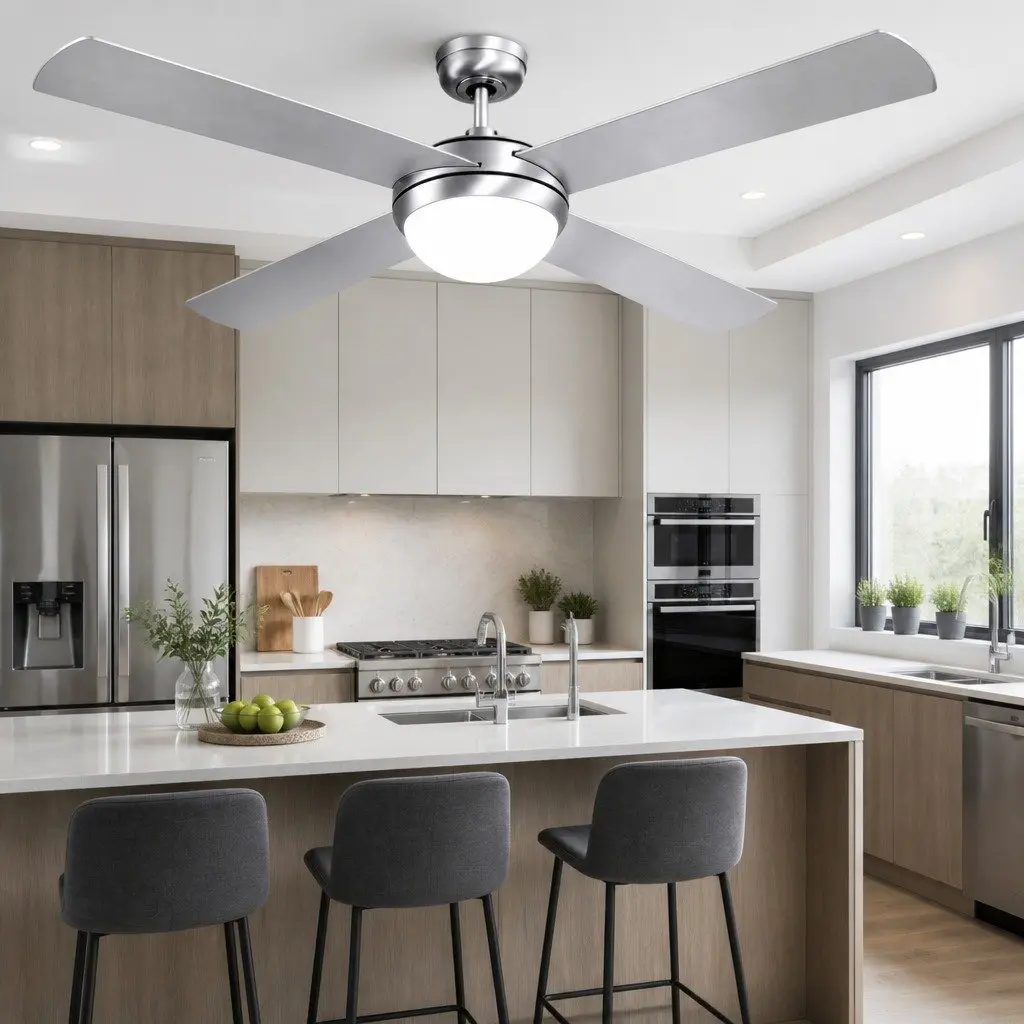 Ceiling Fan 52 Inch DC Motor LED Light Remote Control Silver Indoor Outdoor