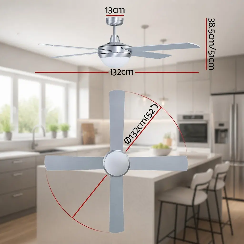 Ceiling Fan 52 Inch DC Motor LED Light Remote Control Silver Indoor Outdoor