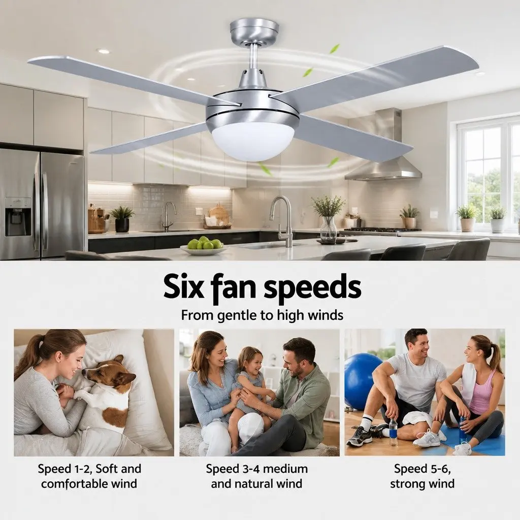 Ceiling Fan 52 Inch DC Motor LED Light Remote Control Silver Indoor Outdoor