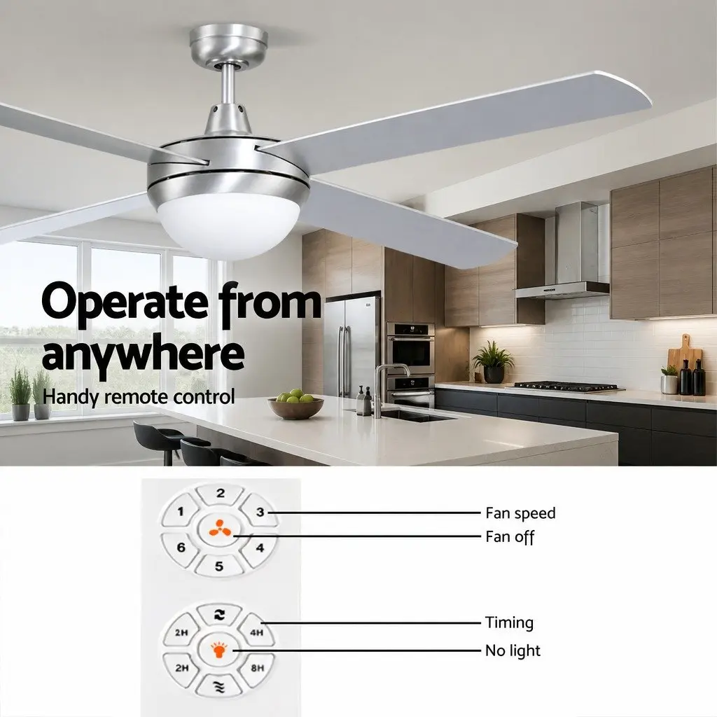 Ceiling Fan 52 Inch DC Motor LED Light Remote Control Silver Indoor Outdoor