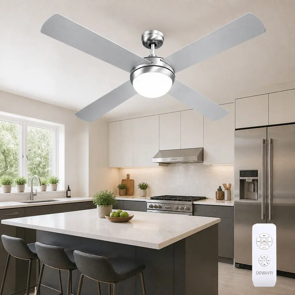Ceiling Fan 52 Inch DC Motor LED Light Remote Control Silver Indoor Outdoor