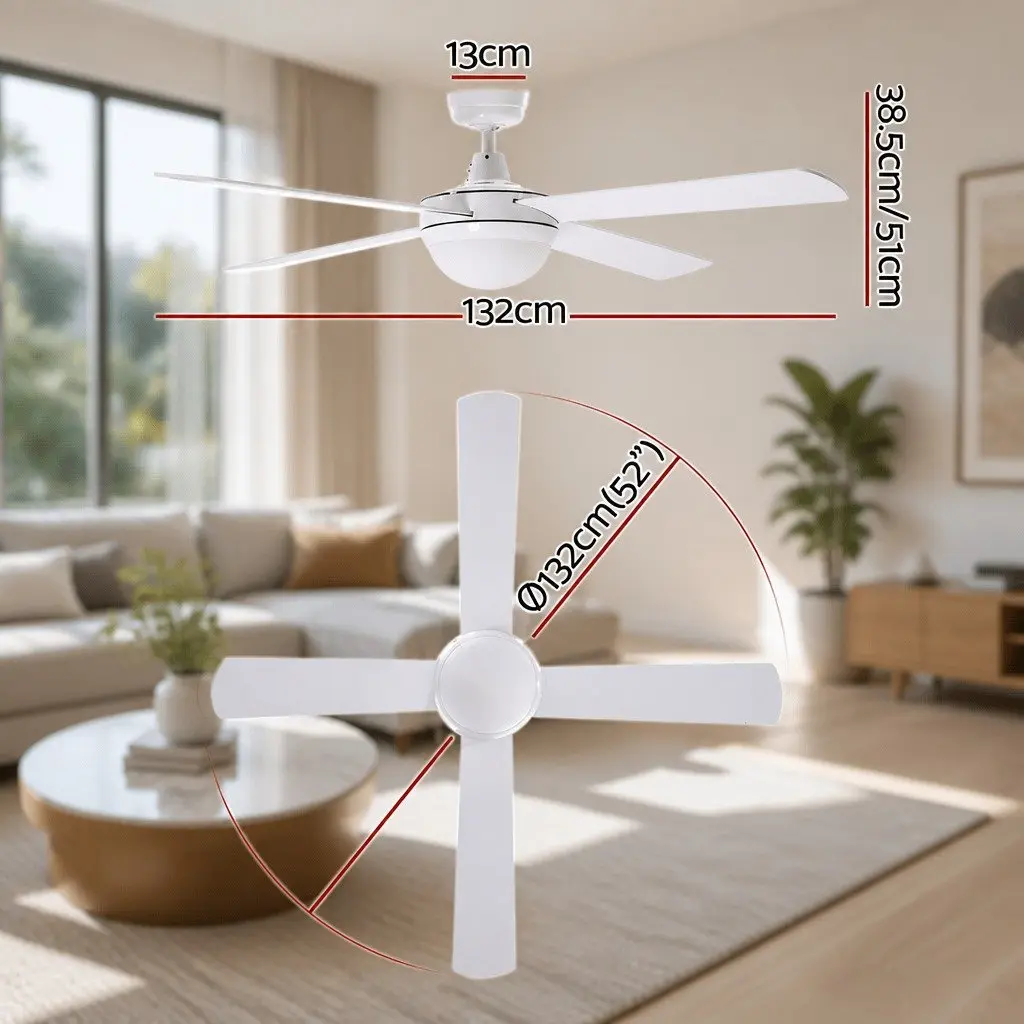 52 Inch Ceiling Fan DC Motor LED Light Remote Control White Indoor Outdoor