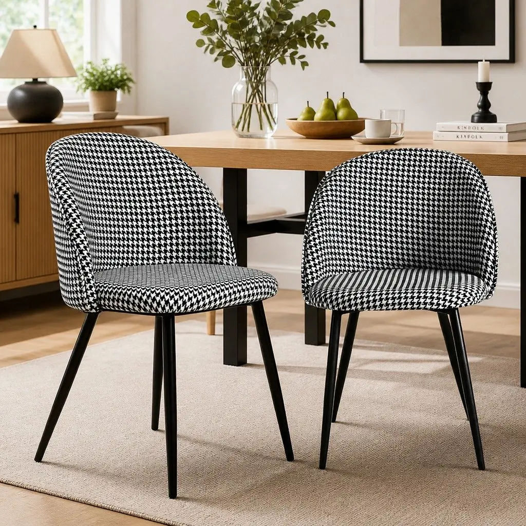 Dining Chairs Kitchen Set Black White Houndstooth Fabric Steel Frame Backrest