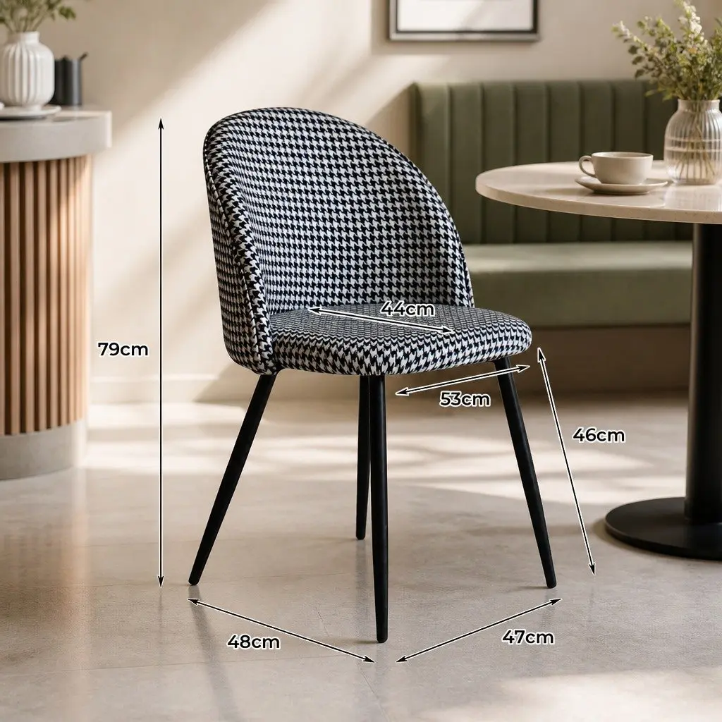 Dining Chairs Kitchen Set Black White Houndstooth Fabric Steel Frame Backrest