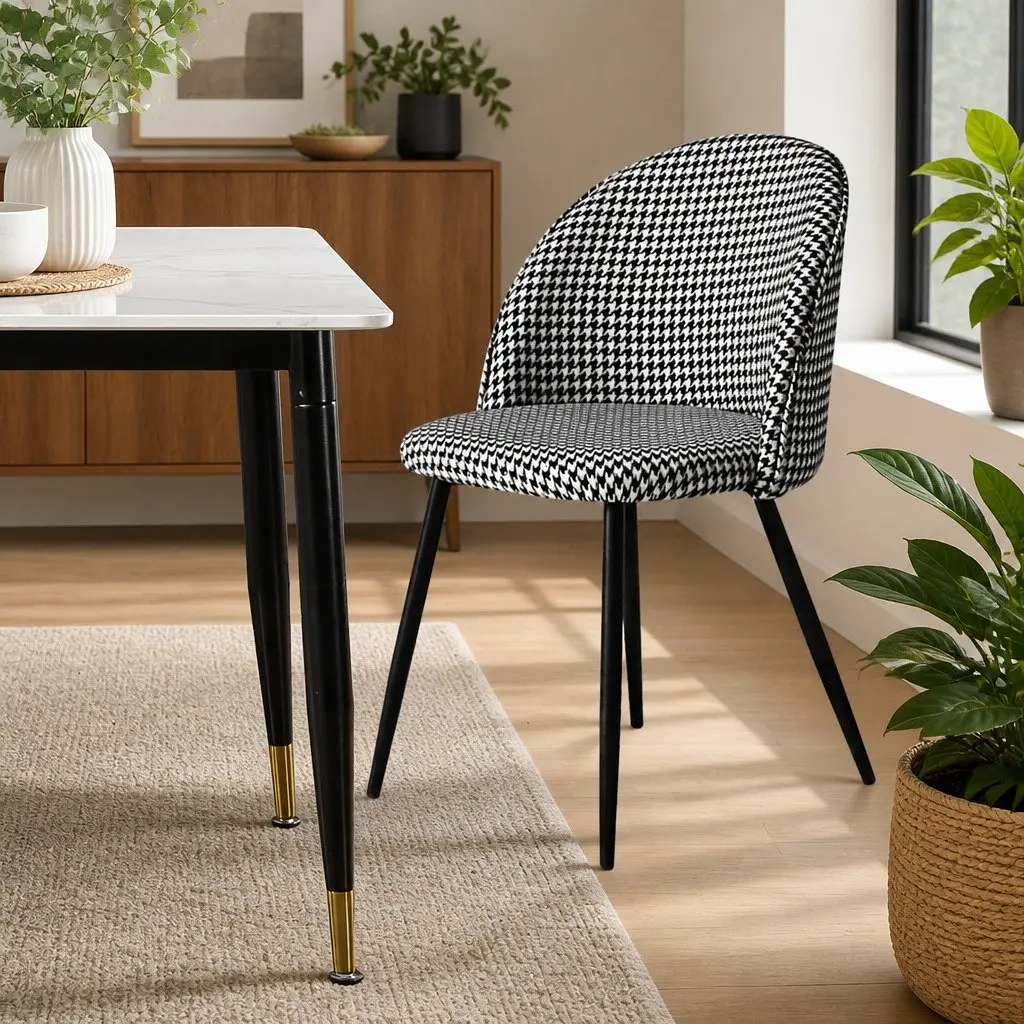 Dining Chairs Kitchen Set Black White Houndstooth Fabric Steel Frame Backrest