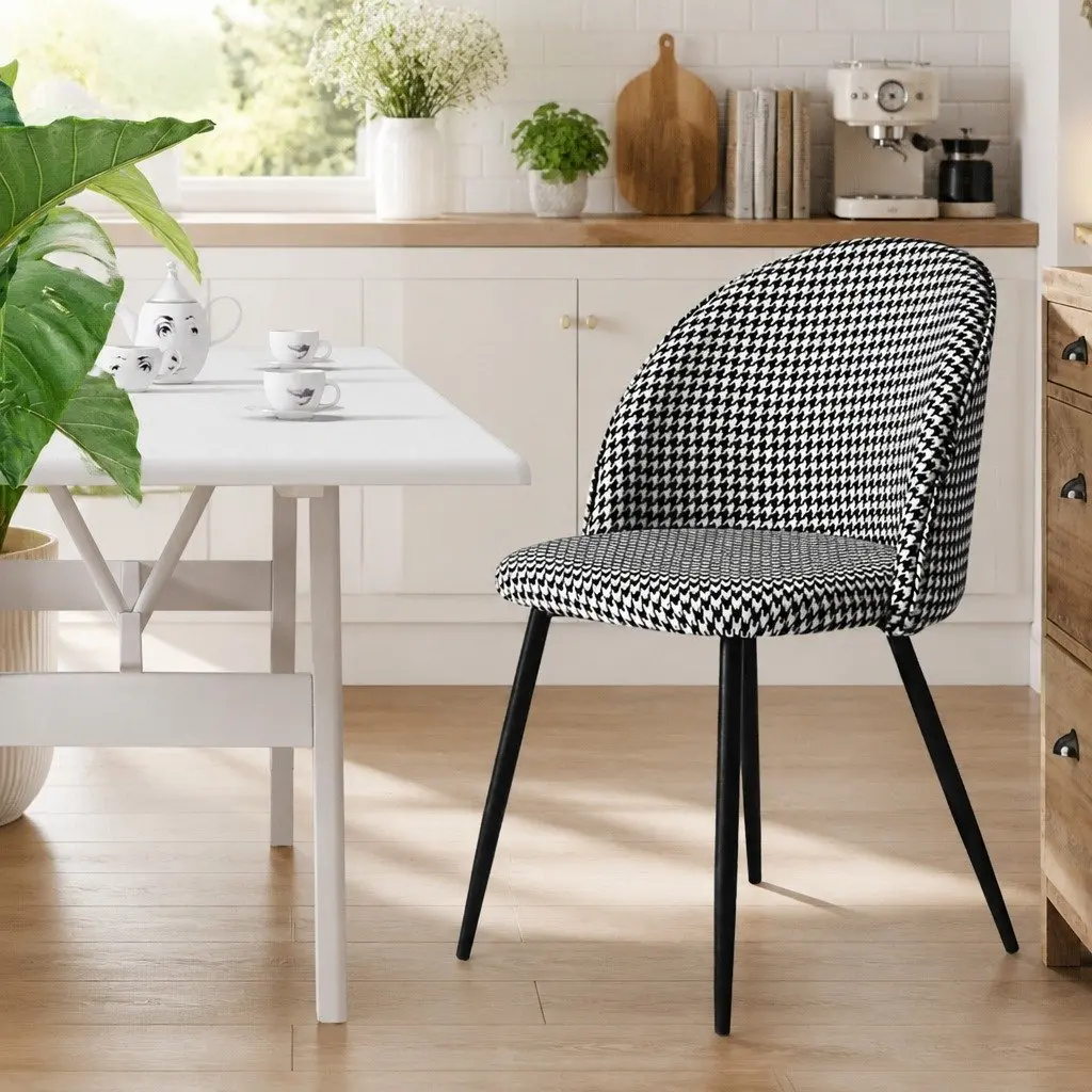 Dining Chairs Kitchen Set Black White Houndstooth Fabric Steel Frame Backrest