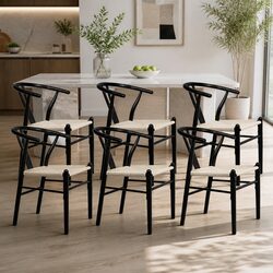 Set of 6 Comfortable Black Dining Chairs with Rattan Seats