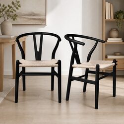 Comfortable Black Dining Chairs with Rattan Seats – Set of 2