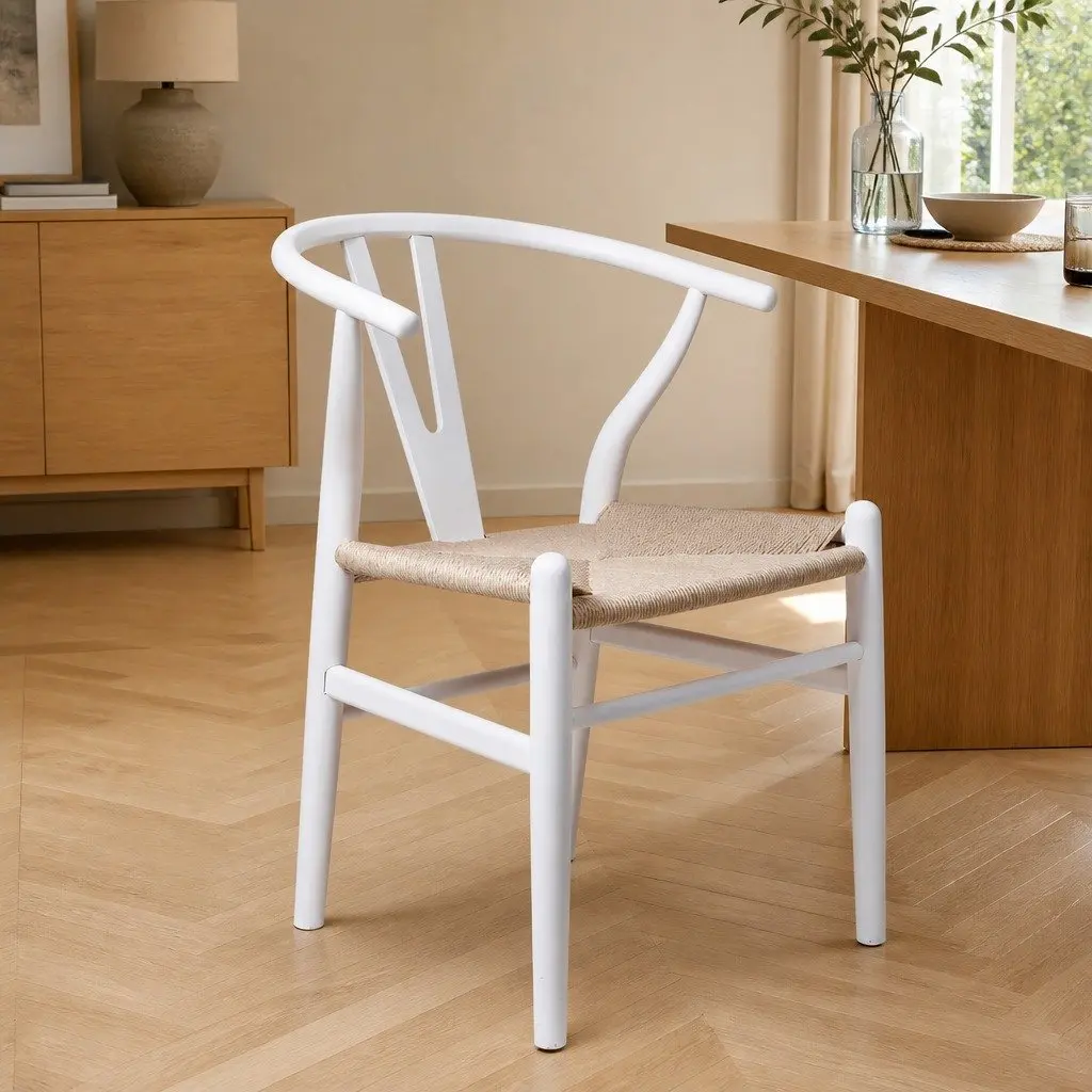 Dining Chairs Wooden Rattan Seat White Set of 2 Modern Kitchen Furniture