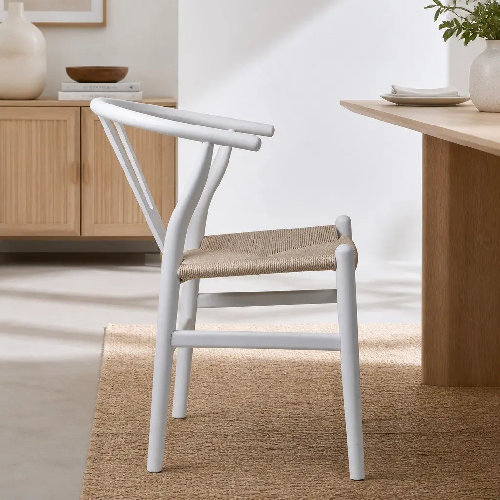 Dining Chairs Wooden Rattan Seat White Set of 2 Modern Kitchen Furniture