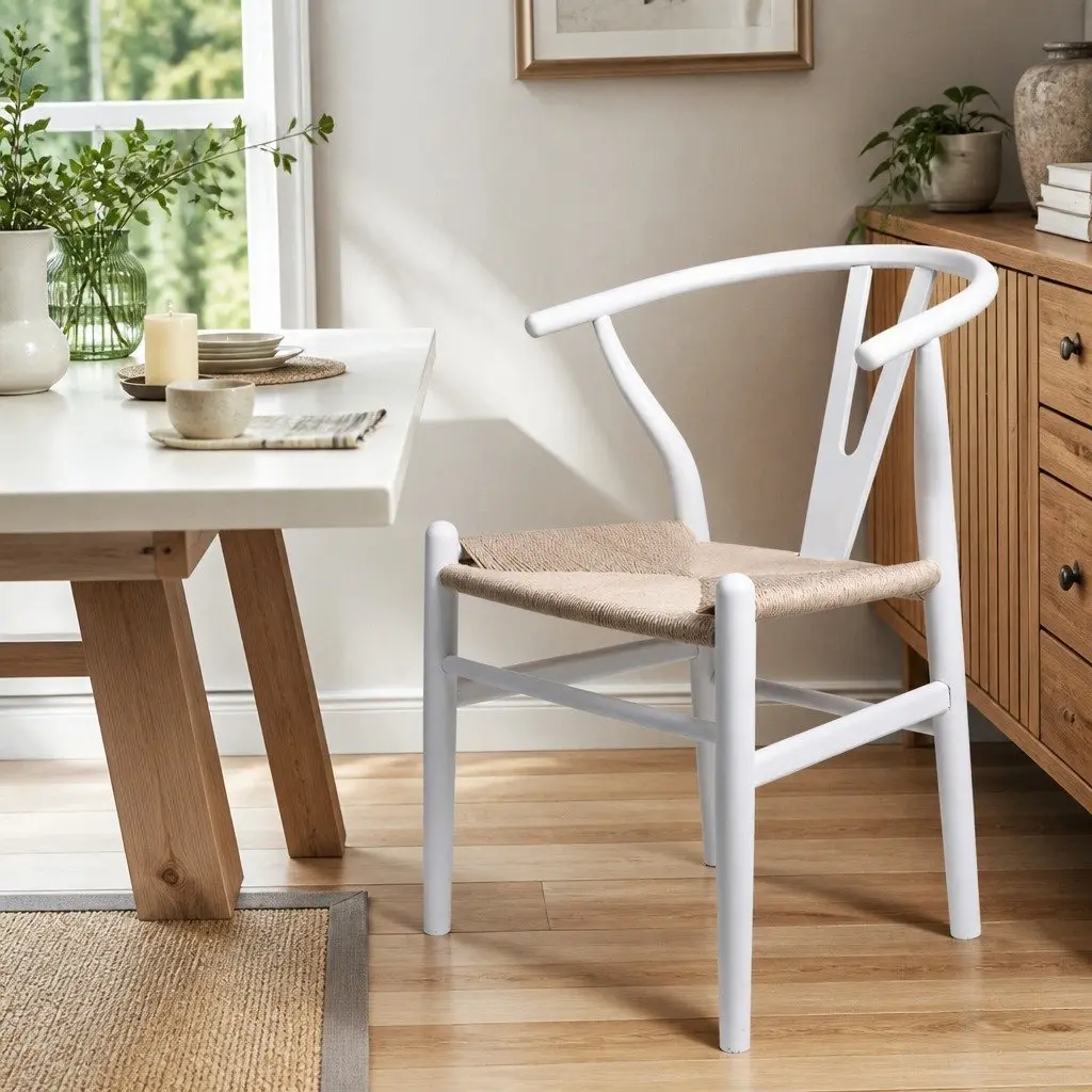 Dining Chairs Wooden Rattan Seat White Set of 2 Modern Kitchen Furniture