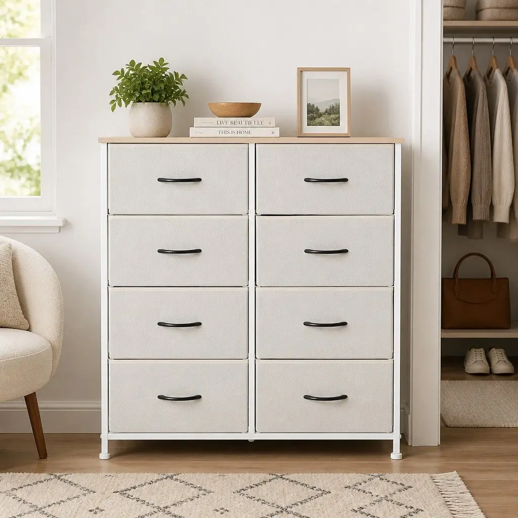 Storage Cabinet Tower 8 Drawers Beige Bedroom Organiser Unit Dresser