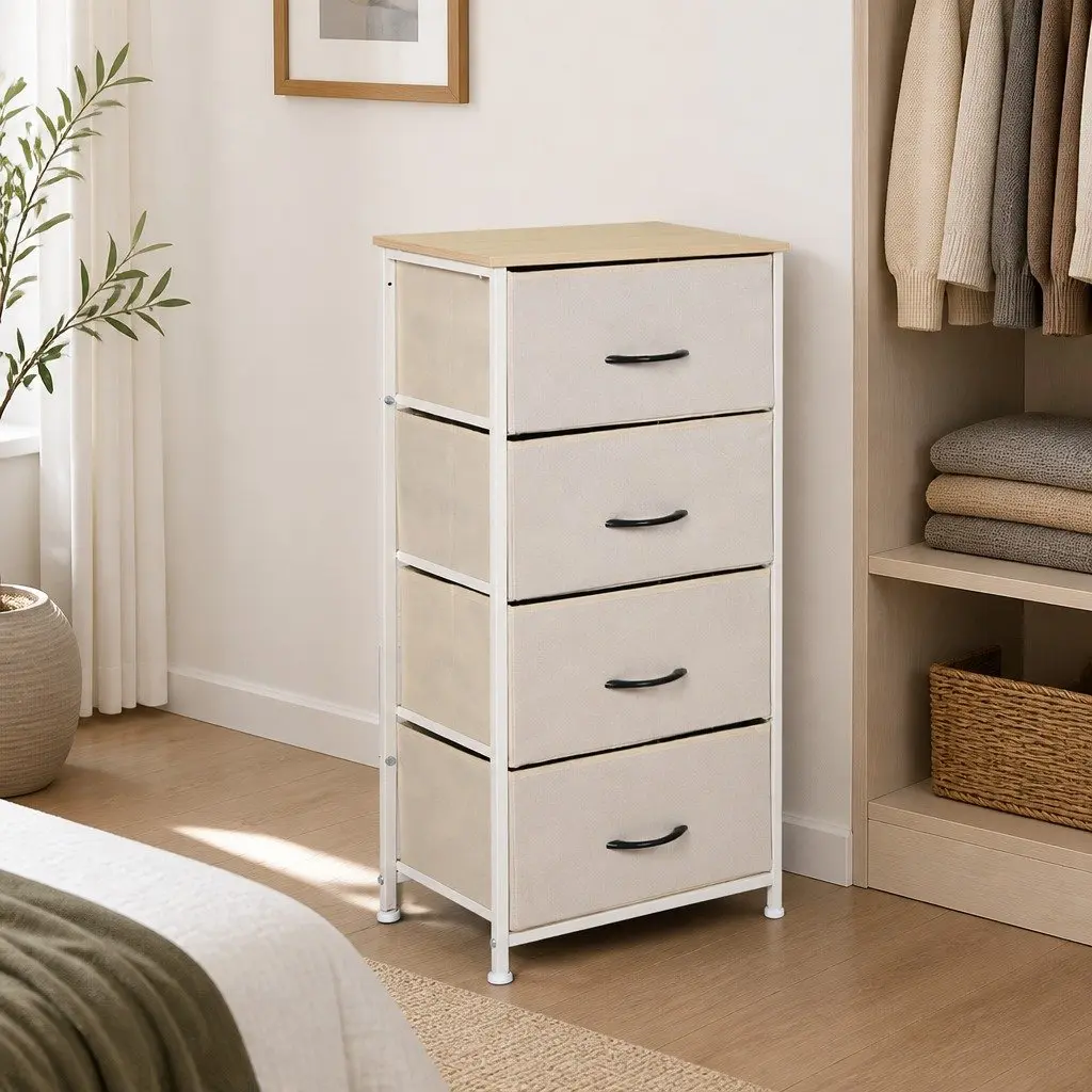 Storage Cabinet Tower Chest of Drawers Bedroom Organiser Unit Beige 4 Drawer