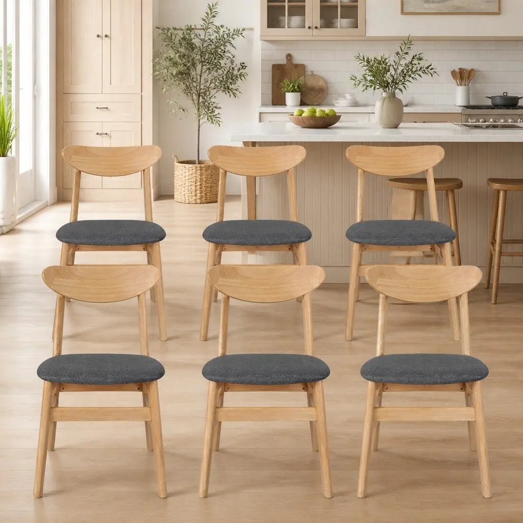 Dining Chairs Set of 6 Kitchen Seating Natural Wood Frame Linen Upholstery Natural Colour