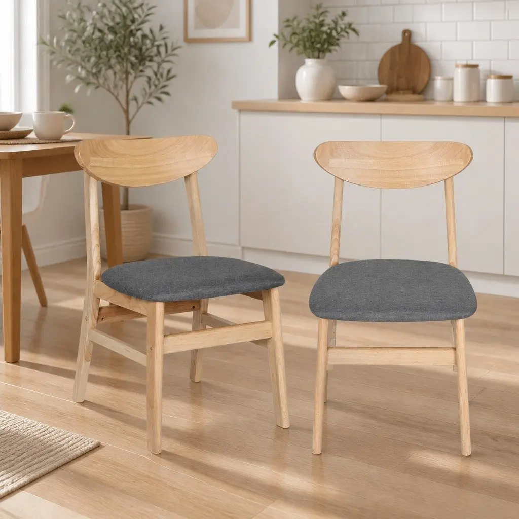 Dining Chairs Set of 6 Kitchen Seating Natural Wood Frame Linen Upholstery Natural Colour