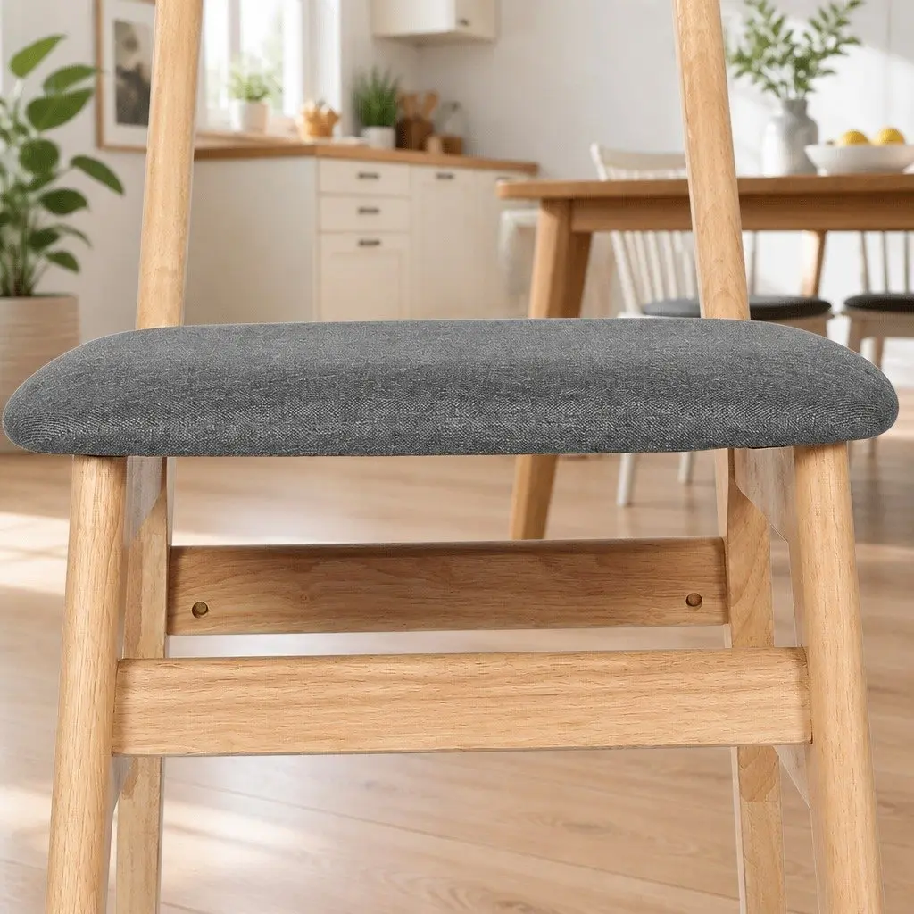 Dining Chairs Set of 6 Kitchen Seating Natural Wood Frame Linen Upholstery Natural Colour